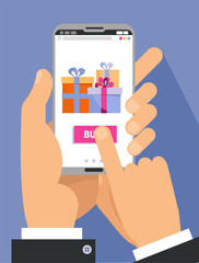 2 male Hands in suit holding smartphone with gift boxes on the screen. Finger touch the buy button. Holiday online shopping concept. Online Shop Marketplace. cartoon flat illustration.