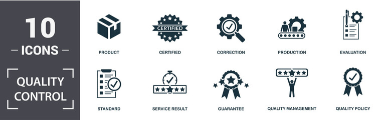 Quality Control icon set. Contain filled flat correction, certified, quality management, quality policy, production, standard, product, evaluation icons. Editable format