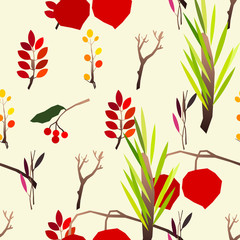 Autumn vector seamless pattern with berries, acorns, pine cone, mushrooms, branches and leaves.