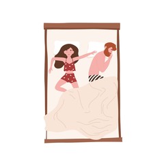 Funny young couple lying relaxed under blanket. Cute man sleeping on side and woman spreading herself on bed. Girl and boy napping at home. Top view. Flat cartoon colorful vector illustration.