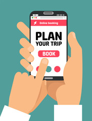 Man's Hand holding smartphone with book button on screen.Concept of online booking mobile application for renting accommodations. Plan a trip. Devices technology. .Flat cartoon illustration