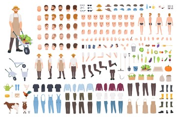 Farmer or agricultural worker constructor set or avatar generator. Bundle of male character body parts, emotions, clothes, working tools isolated on white background. Flat cartoon vector illustration.