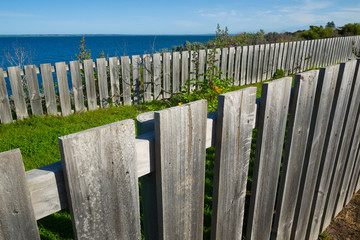 Bare picket fence with green grass with ocean in background