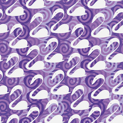 A seamless vector pattern with textured purple background and stylized swans silhouettes. Surface print design.
