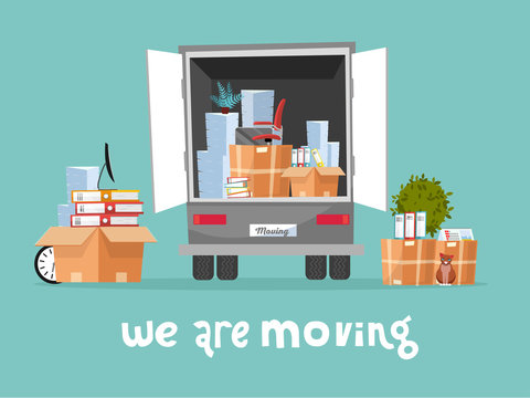 Corporate Moving into new office Concept. Business Relocation in new place. Things in Box in Truck set. Moving Furniture. Van with monitor and stacks of folders. flat cartoon illustration