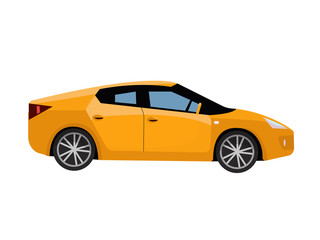 Side view of yellow city car. Modern detailed car. Yellow sedan vehicle. Modern automobile, people transportation. flat cartoon illustration isolated on white background