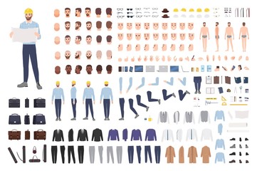 Architect or engineer DIY kit. Collection of male cartoon character body parts, facial expressions, gestures, clothes, working tools isolated on white background. Colorful flat vector illustration.