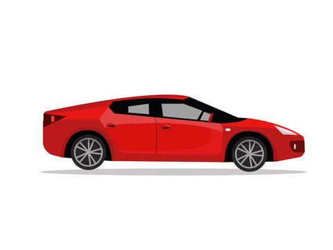 Side view of red sport car. Modern detailed car. Red sedan vehicle. Modern automobile, people transportation. flat cartoon illustration isolated on white background