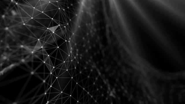 Abstract blockchain geometrical background with moving lines and dots. Cyber or technology digital landscape background. Matrix background. Programming. Coding. Hacker concept. Cyberspace. Crypto