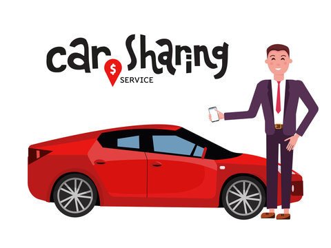 Composition with automobile and businessman in suit with mobile phone standing beside red sports car for rent. Carsharing or car rental service. Hand drawn lettering. flat cartoon illustration