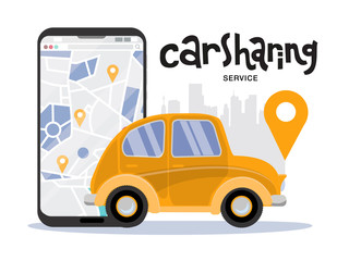Big mobile phone with map and city silhouette on background, Car sharing service concept. Side view of yellow smal vintage vehicle. Mobile app for renting car online. flat cartoon illustration