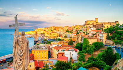 Panoramic view of Gaeta from Monte Orlando, Lazio, Italy. Cityscape of Gaeta town and statue of...