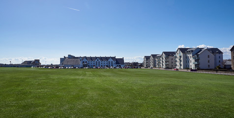 Fototapeta na wymiar The front of the Caroustie Golf Hotel with the new Golf Centre called The Links to the left of it, getting ready to host the 147th Open Golf Championship. Scotland