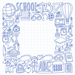 Fototapeta na wymiar cVector set of Back to School icons in doodle style. Painted, colorful, pictures on a piece of paper on white background. Drawing by pen on squared notebook.
