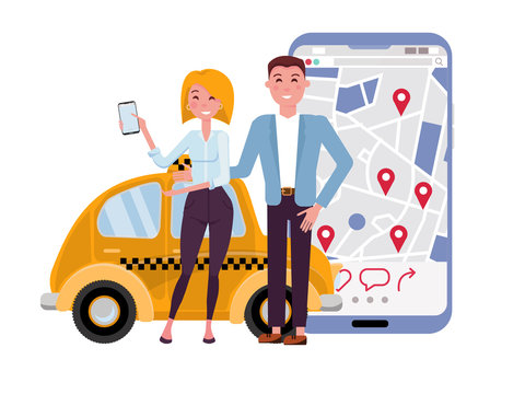 Composition of smiling men and women on the background of a small yellow taxi and a huge smartphone with a geolocation signs on map. Call a taxi by online app concept. flat cartoon illustration
