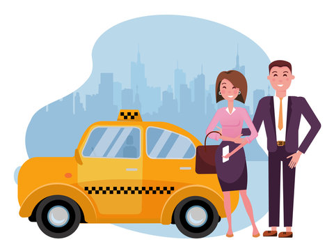A business couple man in suit and an elegant woman are standing next to a taxi on background of silhouette of big city. Two passengers called taxi for business trips. flat cartoon illustration