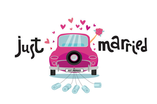 Newlywed couple is driving vintage pink car for their honeymoon with just married lettering sign and cans attached. Bride groom car with hand with bouquet sticking out of window . flat cartoon