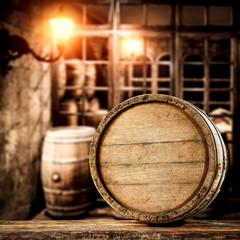 Desk of free space and wooden old barrel 