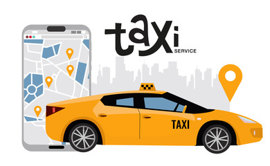 Big mobile phone with map and downtown on background, online ordering taxi service concept. Side view of yellow vehicle. Mobile app for renting taxi online. flat cartoon illustration