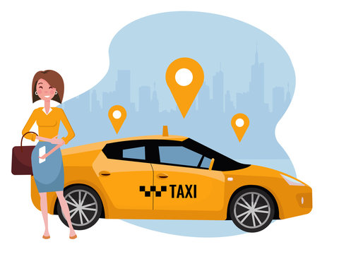 Young woman ordering taxi on mobile phone. Rent a car using mobile app. Online taxi app concept. Yellow car on background of silhouette of city and geolocation signs. flat cartoon illustration
