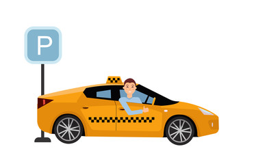 Obraz premium Smiling young taxi driver inside his car.Taxi service on parking lot. Friendly taxi driver at the wheel of car. Side view of Right-hand drive car. flat cartoon illustration on white background