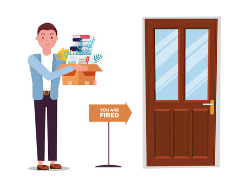 Fired man goes to exit door. incompetent worker going to the door, dismisses male employee from job, guy leaving office workplace. Dismissed man with cardboard box . flat cartoon illustration
