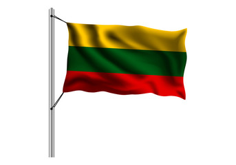 Waving Lithuania flag on flagpole on isolated background, flag of Lithuania, vector illustration