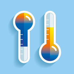 Thermometer in flat style, transition from cold to hot temperature, design element on color background. Vector design object 