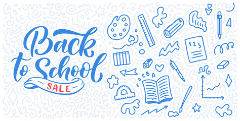 Welcome back to school lettering quote and doodle background. Template for sale tag. Hand drawn...