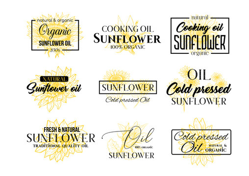 Sunflower Oil Logos Set, Technology Wildflower Logo Templates for Brabding Identty. Yellow and Black Vector Isolated Flowers Hand Drawings with Lettering and Frames