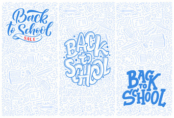 Welcome back to school lettering quotes and doodle backgrounds. Template for sale tag. Hand drawn banners. Education concept. Typography emblems.