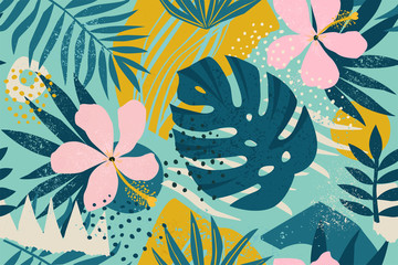Collage zeitgenössische nahtlose Blumenmuster. Moderne exotische Dschungelfrüchte und Pflanzenillustration im Vektor.