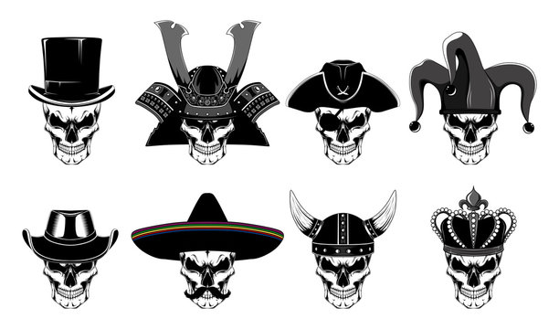 Set of vector images of skulls. Black and white images on a white background.