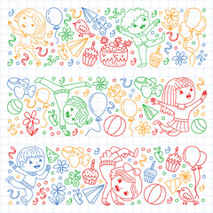 Vector illustration in cartoon style, active company of playful preschool kids jumping, at a party, birthday. Drawing by colorful pen on squared notebook.