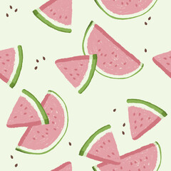 Watermelons, small and large slices. Cute pink watermelon slice design, seamless wallpaper, summer background.