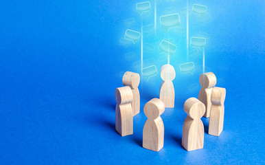 Speech clouds in the center of a people circle. Discussion processes in a team or community....