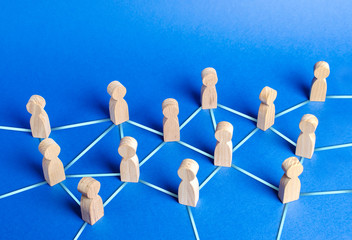 people figurines connected by blue lines. Cooperation and interaction between people and employees....