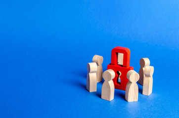Wooden figures of people surround red padlock. concept of protection of personal data trade secrets, dedication to secrets. Preservation of secrets. Bank secrecy. Protection of information networks.