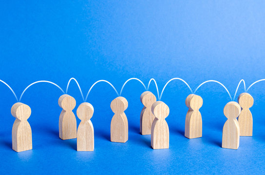 People united to each other with a mental link line. Social connections, communication. Organization. Call for cooperation, creating a new team. Leader and leadership, coordination and action,