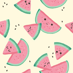 Cute seamless pattern with watermelon and seeds. Happy sliced watermalon
