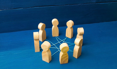 Circle of people interconnected by curves lines. cooperation, teamwork, training. Staff, community...