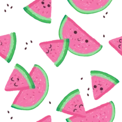 Stickers Watermeloen patronen Helder watermeloen naadloos patroon. Zomer grappige levendige textuur met plakjes en fruit  © jullyromas