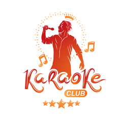 Karaoke club flyers vector cover design created using musical notes, stars and soloist singing to microphone. Emcee show advertising poster