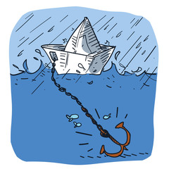 berthed ship on stormy weather. a cartoon style paper ship with anchor on the rough sea. illustration for representing financial risk, risk management, safety, etc.