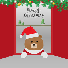Merry Christmas. A bear in Santa Claus greeting card. 