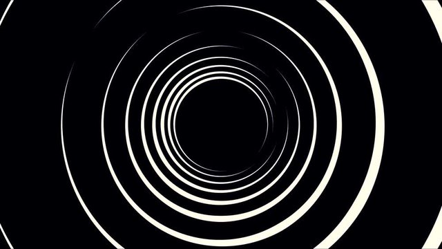 Black and white infinite tunnel of circles moving slowly on black background. Animation. Flying through monochrome tunnel of rings, seamless loop.