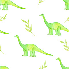 Fototapeta premium watercolor pattern with cute dinosaurs and twigs
