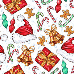 Christmas decoration elements seamless pattern. Traditional colorful decorations. Gift box, socks, bells and xmas santa claus hat. Decorative patchwork textile, invitation card, wrapping paper fill