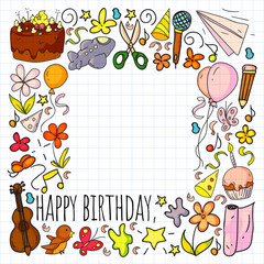 Vector set of cute creative illustration templates with birthday theme design. Hand Drawn for holiday, party invitations. Drawing on squared notebook.