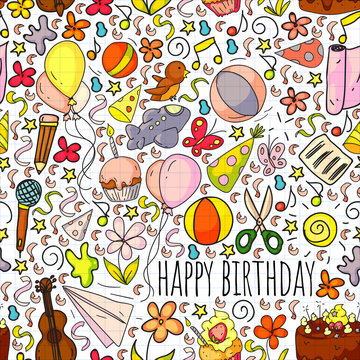 Seamless vector set of cute creative illustration templates with birthday theme design. Hand Drawn for holiday, party invitations. Drawing on squared notebook.